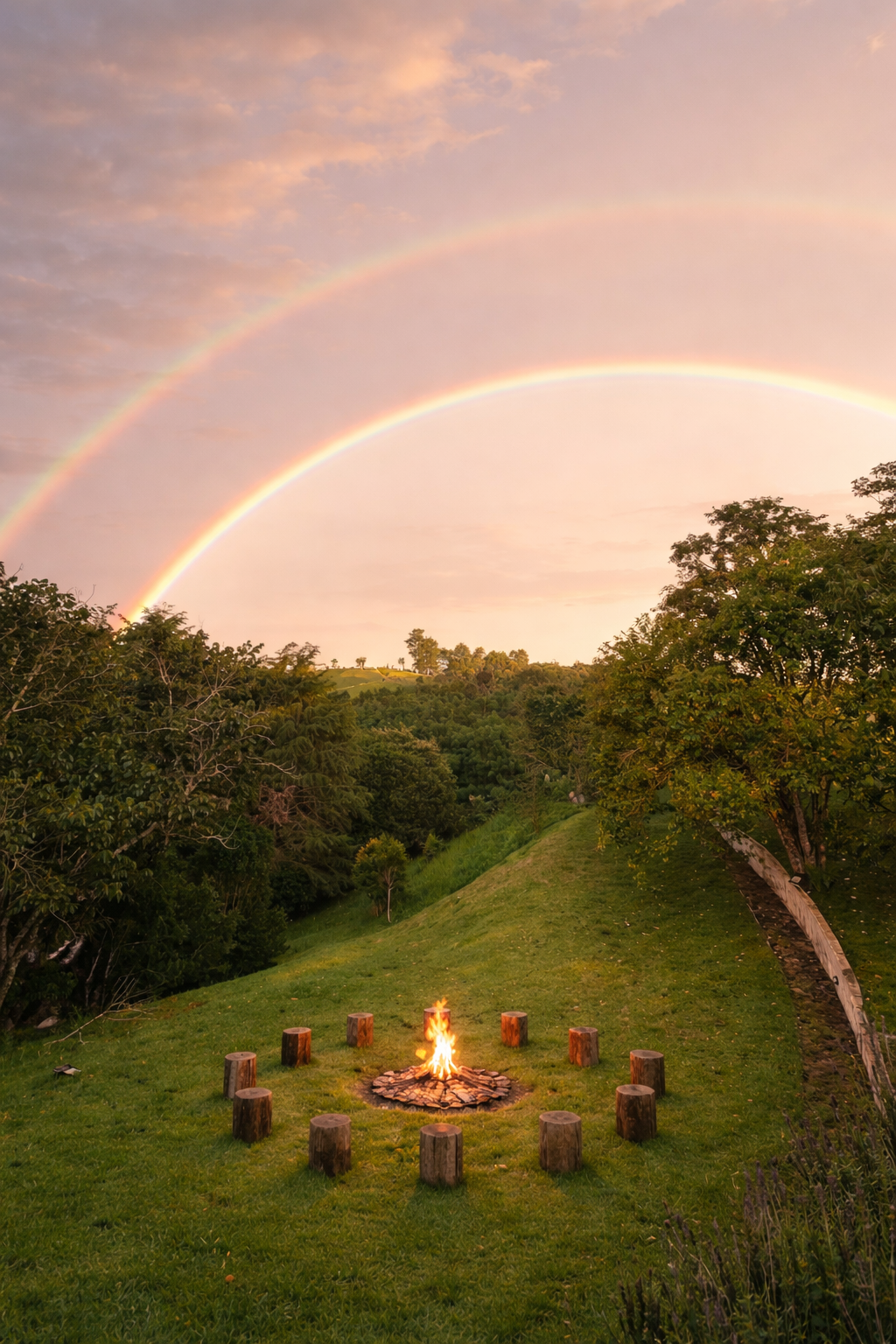 Círculo com fogo central ao entardecer e arco-íris duplo sobre o gramado.