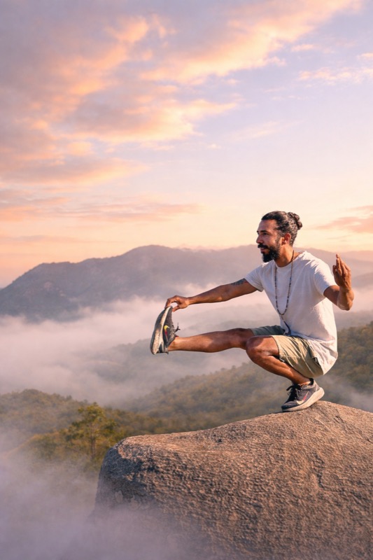 Prática de yoga com vista para o verde das montanhas.