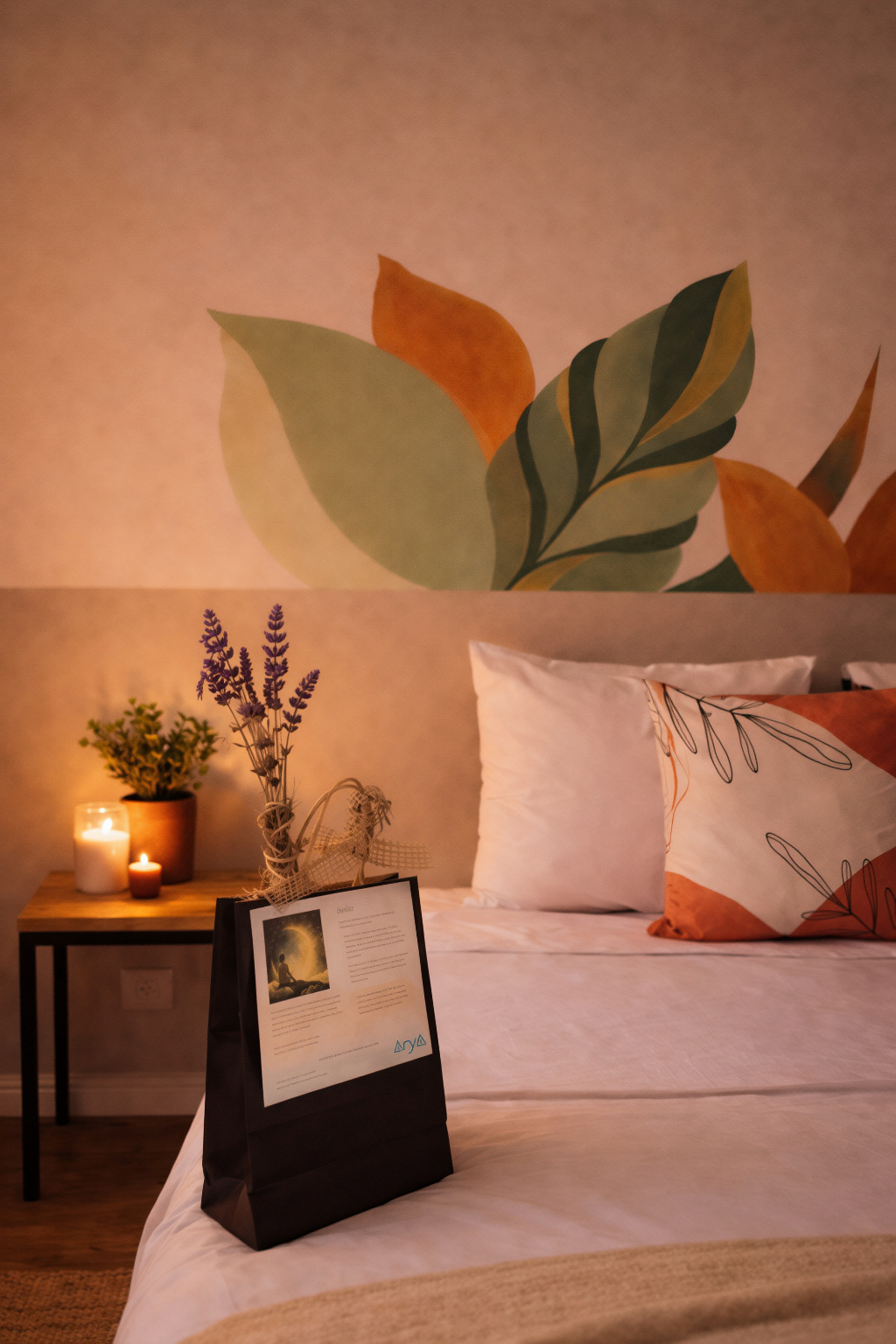 Suíte privativa com amenities, velas e welcome kit Arya sobre a cama.